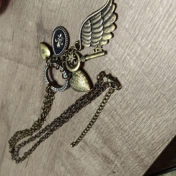 Distressed Fleur De Leis, Angel Wing, Key, 2 Heart Locket Necklaces - Picture 2 of 3